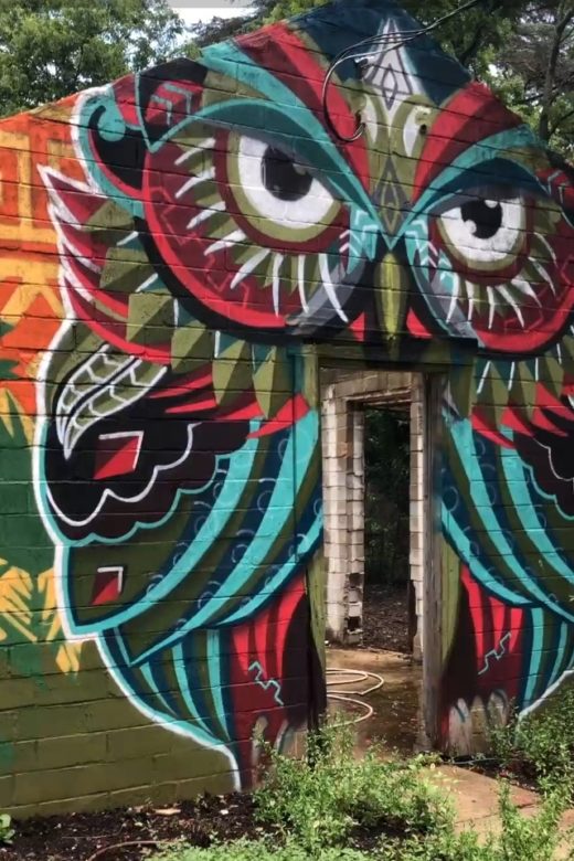 photo of a painted owl mural on an old cinder building on the grounds of Hacienda Tecolote