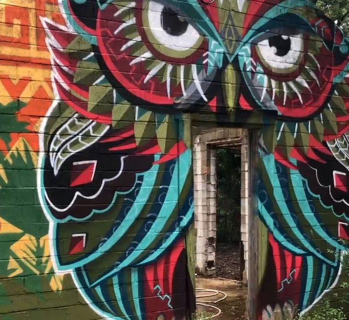 photo of a painted owl mural on an old cinder building on the grounds of Hacienda Tecolote