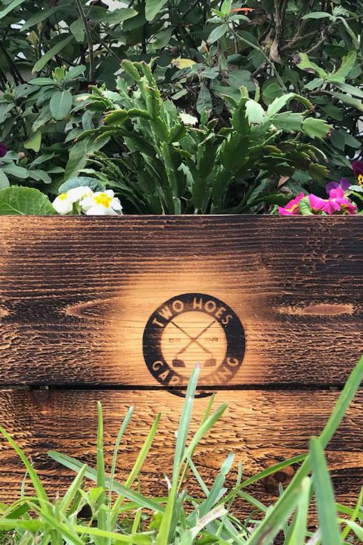 closeup of wooden garden frame filled with flowers and green plants with Two Hoes Gardening logo centered