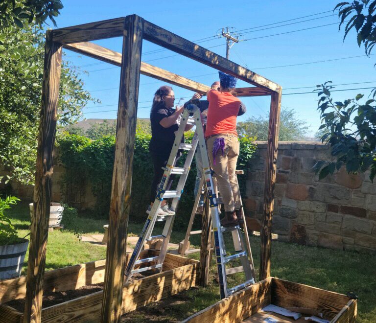 Becca and Kristi standing midway up a tall ladder on either side, constructing a wooden trellis with raised bed gardens